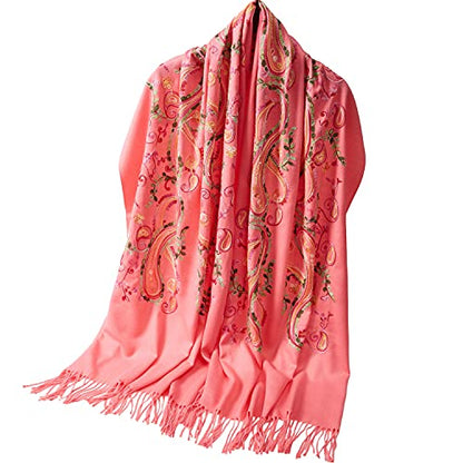 Embroidered Brushed Shawl Paisley Leaves Pattern Scarf Soft Ponchos Wrap Cape With Fringes - color: 035-watermelon