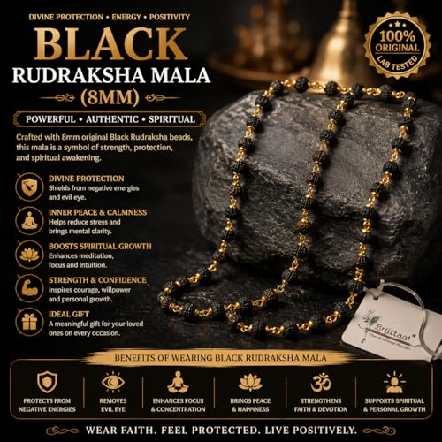 BRIJ HAAT Rudraksha Beads Mala, Golden Cap, Religious Prayer Necklace, Traditional Indian Jewelry - color: Black