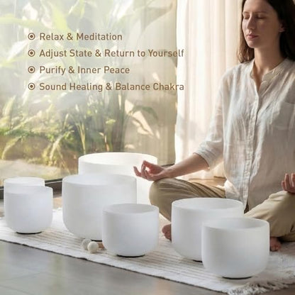 CVNC 432HZ 6-12 Inch Set Of 7 PCS Frosted Chakra Quartz Crystal Singing Bowls for Sound Healing with 2 PCS Travel Carry Case Bag - color: White, size: 6-12 inch