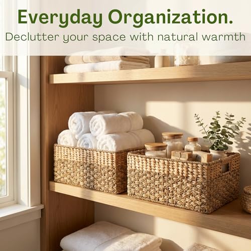 Medium Wicker Storage Baskets with Handles, Natural Seagrass and Hyacinth Woven Storage Basket for Organizing Shelves, Bedroom, Pantry, Rectangular, 15.5 x 9.5 x 6.5 Inches - size: Medium - 15.5" x 9.5" x 6.5" in.