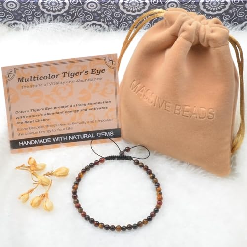 MASSIVE BEADS Handmade Yoga Natural Stone Crystal Healing Power Energy Gifts for Unisex Adult Bracelet Macrame Adjustable - color: 3-Tiger's Eye (Vitality and Abundance), size: 4mm