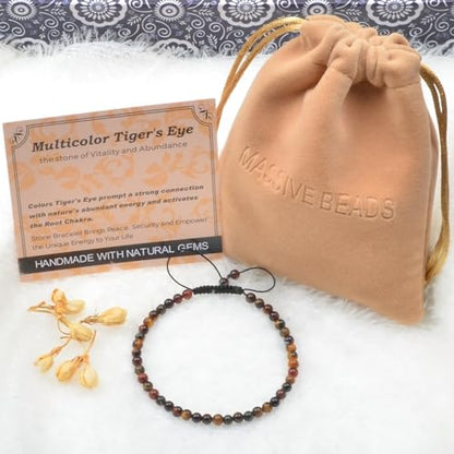 MASSIVE BEADS Handmade Yoga Natural Stone Crystal Healing Power Energy Gifts for Unisex Adult Bracelet Macrame Adjustable - color: 3-Tiger's Eye (Vitality and Abundance), size: 4mm