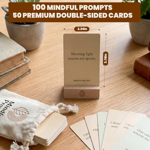 Affirmation Cards, 100 Mindful Prompts with Wooden Display Stand - Daily Affirmations for Inspiration, Mindfulness & Self Care - Unique Affirmation Gifts for Women or Men