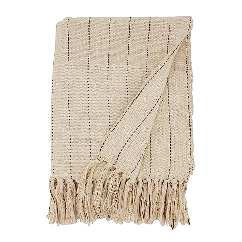 SARO LIFESTYLE Rustic Stripe Throw Blanket with Fringe, Natural, 50"x60"