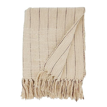 SARO LIFESTYLE Rustic Stripe Throw Blanket with Fringe, Natural, 50"x60"