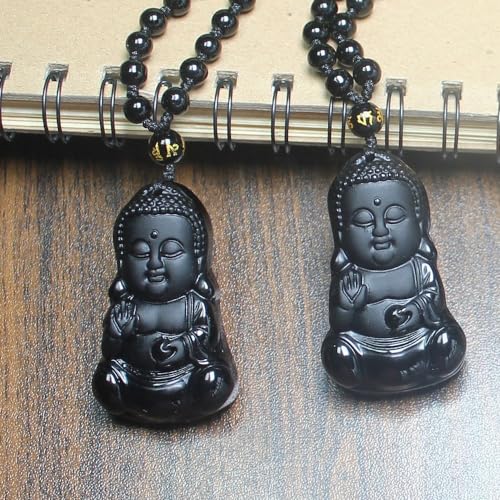 Natural black obsidian rainbow obisidan ice obsidian Maitreya launghing buddha necklace Amulet pendant bead chain - color: black obsidian baby buddha