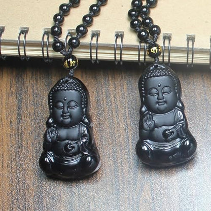 Natural black obsidian rainbow obisidan ice obsidian Maitreya launghing buddha necklace Amulet pendant bead chain - color: black obsidian baby buddha