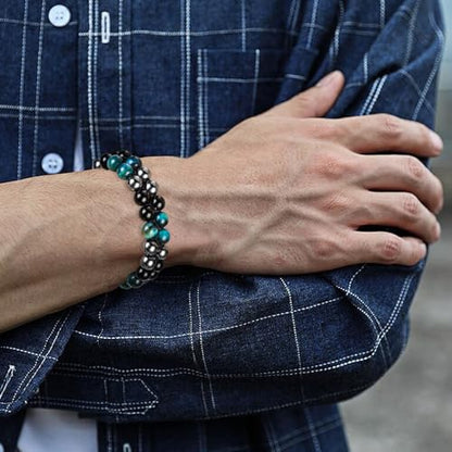 Tiger Eye Bracelet, MIDON Triple Protection Bracelet for Men Women, Handmade Tiger Eye Beads Hematite and Black Obsidian Natural Stone Healing Energy Crystal Bracelets