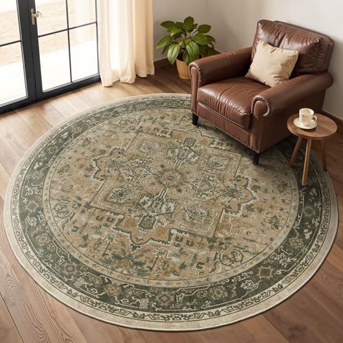 Round Rugs 7ft for Living Room, Vintage Medallion Circle Rug Carpet 7 Feet for Dining Room, Washable Non Slip Ultra Thin 7x7 Round Area Rugs for Bedroom Home Office, Earth Tone Brown Olive - color: Medallion-brown/Olive, size: 7' (Round)