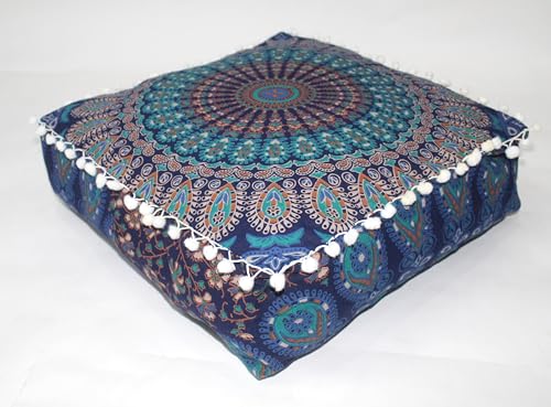CRAFT KALA Blue Peacock Large Hippie Mandala Meditation Floor Ottoman Pillow Cushion Pouf Cover Square Poufs Bohemian Circle Floor Cushion Case Outdoor Fireplace Living Room Decor Cover 16" Square - color: Blue, size: 16"D x 16"W x 5"H
