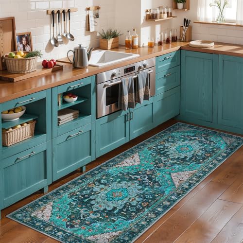 Ciicool Boho Washable 2x6 Runner Rugs,Hallway Kitchen Bedroom Beside Laundry Room Bathroom Rug, Pet & Kids Friendly, Non Slip Low Pile Stain Resistant Soft Foldable Floor Carpet - color: Teal/Multi, size: 2' X 6' (Runner)