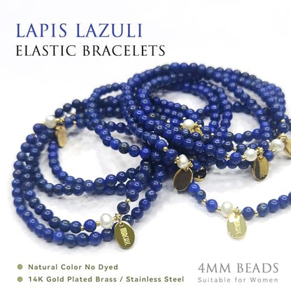 Morchic 4mm Natural Gemstone Beads Stretch Bracelet for Women, With Freshwater Pearls, Energy Gem Birthday Gift for Her 7.2” - color: Lapis Lazuli