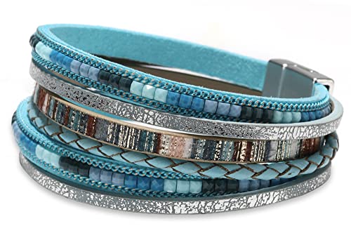 Fesciory Leather Wrap Bracelets for Women, Boho Leopard Multi-Layer Crystal Beads Cuff Bracelet Jewelry - color: Boho Braid(Blue)