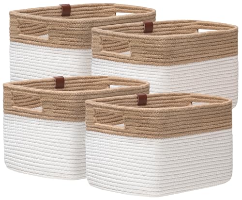 UBBCARE 4 Pack Baskets for Organizing, Woven Storage Baskets with Label for Toys and Towel, Rectangle Cotton Rope Basket with Handles, 14''L x9''W x8''H, Jute&White - color: Jute&White