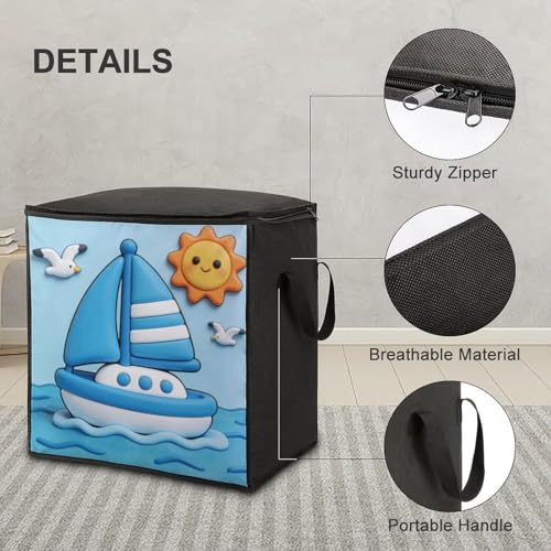 Carolina Blue White Sailing Boat Storage Bag Portable Closet Organizer Storage Bags Quilt Storage Bags with Zippered Breathable Storage Bag with Carry Handles for Blanket Pillow Bedding