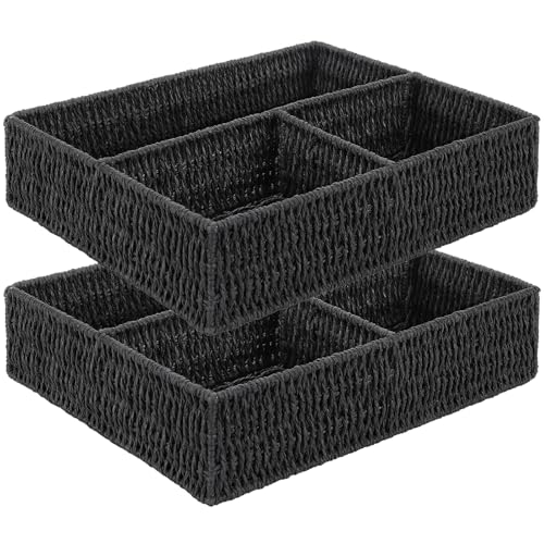 Vagusicc Wicker Divided Storage Basket, Black Wicker Baskets, Basket for Shelves Drawer Organizing, 3 Section Rectangular Woven Storage Baskets, 2-Pack - color: Paper Rope (Black), size: 3 Large Section