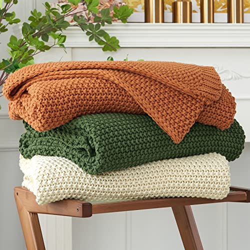 Chunky Cable Knit Throw Blanket Lightweight Olive Green 100% Organic Cotton Blanket for Sofa Couch Bed Baby Nursery, Rustic Shabby Chic Modern Farmhouse, 60” x 80” Give Laundering Bag - color: Olive Green, size: 60"x80", Oversize