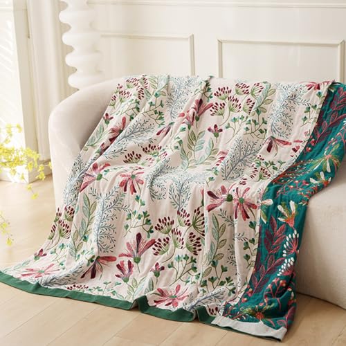 Boho Throw Blanket, 100% Cotton Ultra Soft Luxury Throw Rustic Quilt, Muslin Breathable Soft Bed Throw ，All Throw for Sofa Couch Chair 80x90 Inch - color: Precious Flowers, size: 80x90 Inch