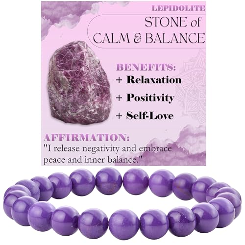 Bivei 8mm Beaded Bracelets for Women Handmade Semi Precious Natural Stone Stretch Elastic Jewelry Yoga Protection Gifts - color: Lepidolite - Calm & Balance, size: Medium 6.8-7.3 inch