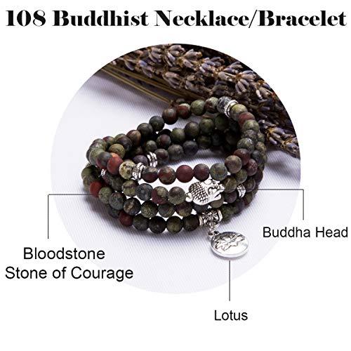 Bivei 108 Mala Beads Necklace Long Beaded Wrap Bracelets Genuine Gemstone Mala Prayer Beads Lotus Buddha Charm Yoga Meditation Necklace - color: Bloodstone-Lotus OM-Buddha