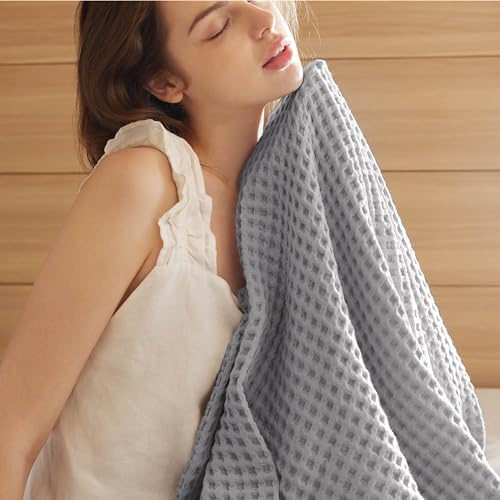Bedsure 100% Cotton Throw Blanket for Spring Summer, Ultra Soft Waffle Weave Grey Blanket for Couch Sofa Chair, Thin Lightweight Breathable Bedding Gifts for Women, Men, Teens, 50"x70" - color: Grey, size: Throw Xl (50" X 70")