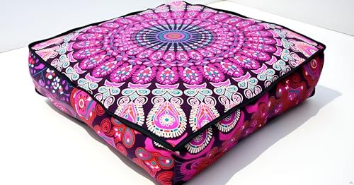 INDIAN CRAFT CASTLE 24" Pink Peacock Mandala Barmeri Large Floor Pillow Cover Cushion Meditation Seating Ottoman Throw Cover Hippie Decorative Zipped Bohemian Pouf Ottoman Pom Pom Cases 24" Square