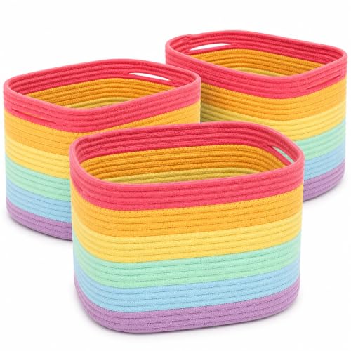 OrganiHaus Rainbow Cotton Rope Baskets for Shelves, Set of 3 - 15"×10"×9½" - Colorful Storage Baskets for Kids - Nursery, Playroom, Classroom - Toy Storage, Books, Towels - color: Rainbow