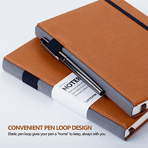 Lemome Thick Classic Notebook with Pen Loop A5 College Ruled Hardcover Writing Notebook with Pocket + Page Dividers Gifts, Banded, Large, 180 Pages, 8.4 x 5.7 in - color: brown