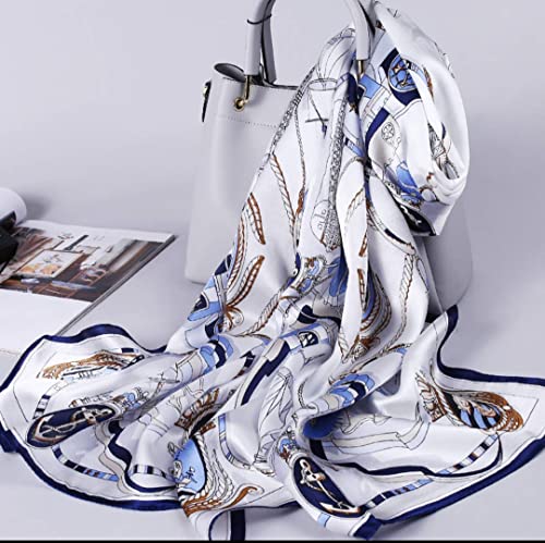 100% Mulberry Silk Long Scarf for Women Large Shawls for Headscarf and Neck- Oblong Hair Wraps with Gift Packed - color: White&blue-sailing