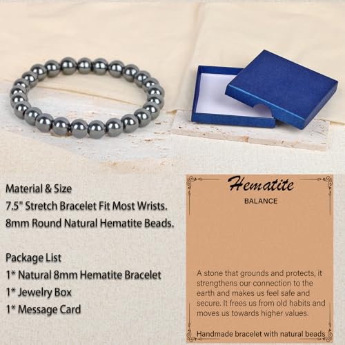 LPBeads Handmade Natural Gemstone Stretch Elastic Bracelet Healing Crystal Round Stone Beads Jewelry Gifts for Women Men - color: Hematite, size: 8mm