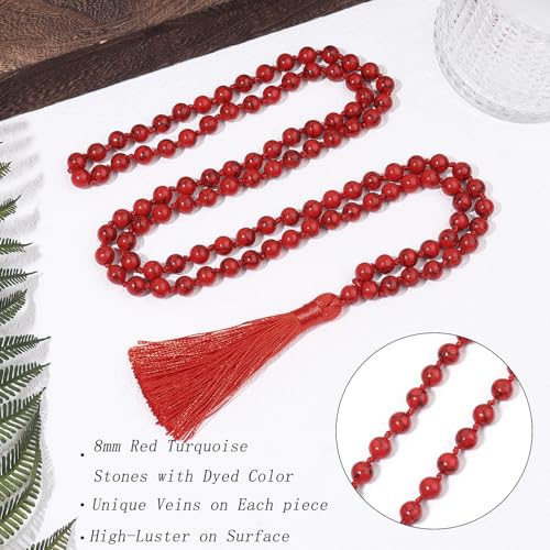 8MM Beads Chakra Long Mala Necklace Natural Stone Meditation Statement Necklace Japa Yoga Buddhist Rosary Prayer Charm Beaded Tassel Necklace - color: Red Turquoise