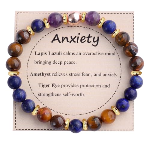 KSQS Healing Stone Bead Bracelet for Women, Natural Gemstones Balance Protection Bracelet, Spiritual Crystal Beads Bracelet Anxiety Relief with Meaning Card - style: Anxiety