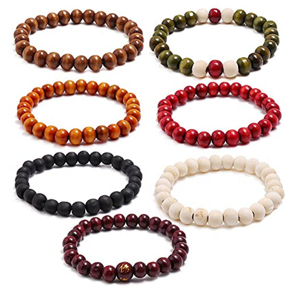 7/8/15Pcs Classic Natural Sandalwood Wooden Beaded Bracelet Set Vintage Elastic Round Strand Wood Tibetan Bracelet Set for Men Women Meditation Buddhist Mala Prayer Jewelry
