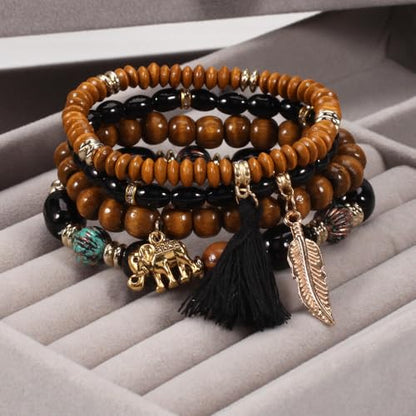 Caiyao 4Pcs Bohemia Multilayer Stackable Elephant Leaf Tassel Bracelets Colorful Wooden Resin Beaded Stretch Bracelets for Women Men Summer Beach Boho Vacation Hawaii Jewelry Gifts - style: StyleE