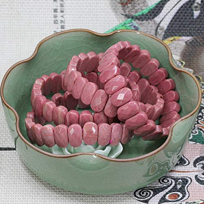 Keleny Semi Precious Stones 14mm Faceted Oval Beads Crystal Rock Elastic Bangle 7.5 Inch - color: A Grade Pink Rhodonite