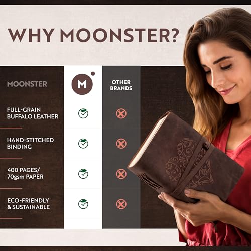 moonster Leather Journal with Embossed Heart Shape - Non Refillable 8x6″ Lined Notebook - 400 Pages College Ruled Kraft Paper - Inspirational Small Notebook - Leather Journals for Women - size: 8" x 6"
