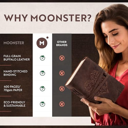 moonster Leather Journal with Embossed Heart Shape - Non Refillable 8x6″ Lined Notebook - 400 Pages College Ruled Kraft Paper - Inspirational Small Notebook - Leather Journals for Women - size: 8" x 6"