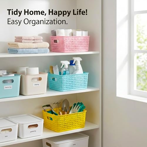Colorful Small Plastic Storage Woven Baskets, 6 Pack Versatile Shelf Organizer Weave Baskets for Classrooms, Children's Rooms & Pantries, Pink/Yellow/Blue-10x7.5x4 inch