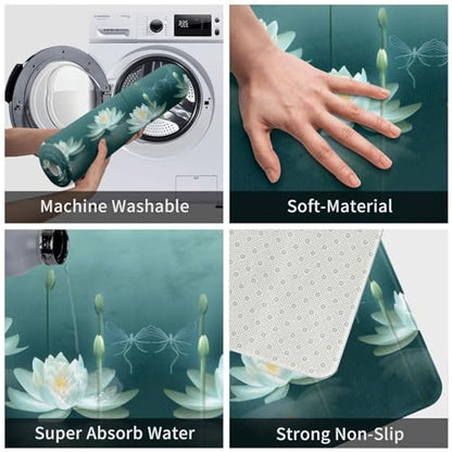 Dragonfly with Water Lily Print Flannel Anti-Slip Mat 16x24in Polyester Floor Covering, Full Single-Side Printed - color: Dragonfly With Water Lily
