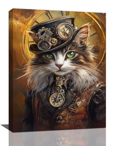 Olivine Cat Wall Art, Steampunk Pictures Wall Decor, Retro Steampunk Cat Canvas Prints Painting, Framed Artwork for Bathroom Bedroom Living Room Office Home Decoration 16"x12" - color: Steampunk Cat, size: 16"L x 12"W