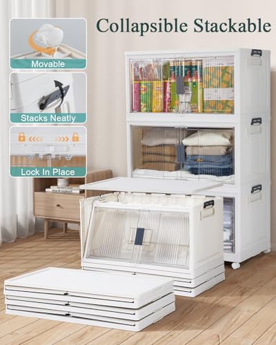 OlarHike 97QT Stackable & Lockable Storage Bins with Lids - Folding Storage Box with Doors and Wheels, Collapsible Plastic Drawers for Closets and Organization, Garage, Shelves, Gifts, 3 Pack Cubes - size: 97QT-White, style: 3Pack