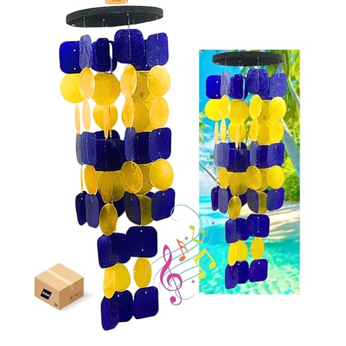 Bellaa 24889 Wind Chimes Outdoor, Garden Decorations, Musical, Indoor/Outside Windchimes, Beach, Ocean Breeze, Gifts for Mom, Gift for All Occasions, Capiz Sea Glass Shells Wood Yellow Blue - color: Yellow Blue Flower