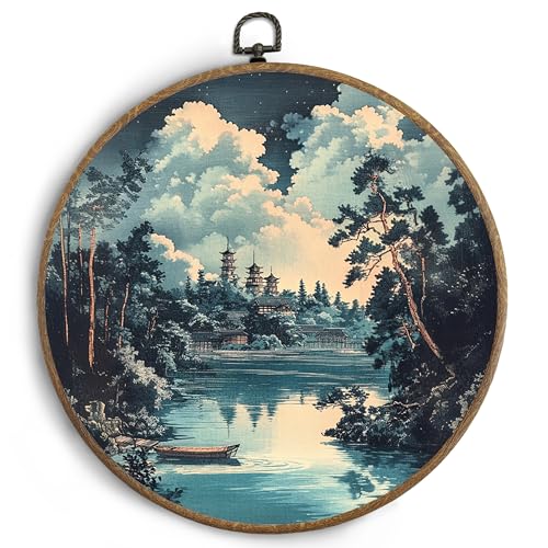 KTYHD Japanese Wall Art Decor - Oriental Japanese Lake Landscape Round Canvas Wall Art, Blue Asian Japandi Walls Decor for Zen Meditation Room Bedroom Living Room - color: Japandi-2
