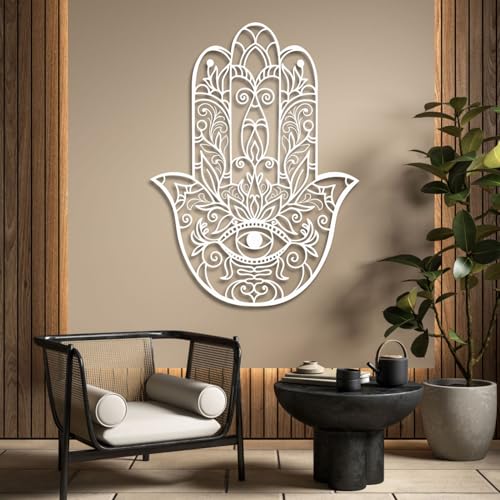 Hamsa Hand Metal Wall Decor, Sacred Geometry Metal Wall Art, Hamsa Wall Art, Zen Wall Decor for Living Room, Bedroom, Yoga Room, Meditation Space (White,19" H x 14" W / 47 x 35 cm) - color: White, size: 19"H x 14"W / 47 x 35 cm