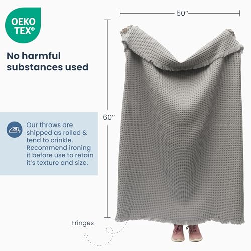 The Fine Living Co. 100% Cotton Waffle Throw Blanket - Lightweight, Soft and Breathable Throw Blanket for All Season- Skin-Friendly Blanket for Couch, Bed, Sofa- 50”x60” inches, Mineral Gray
