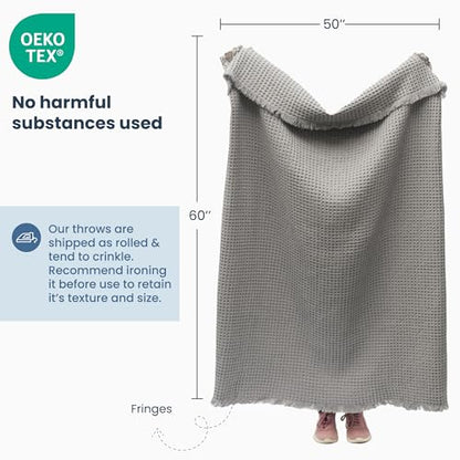 The Fine Living Co. 100% Cotton Waffle Throw Blanket - Lightweight, Soft and Breathable Throw Blanket for All Season- Skin-Friendly Blanket for Couch, Bed, Sofa- 50”x60” inches, Mineral Gray