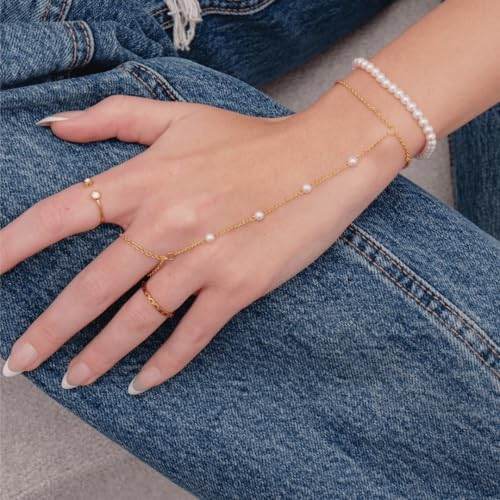 3PCS 14K Gold-Plated Hand Chain Bracelets for Women, Stack Bracelets Set Adjustable, Trendy Dainty Ring Bracelet Hand Chain - color: gold-3-cz