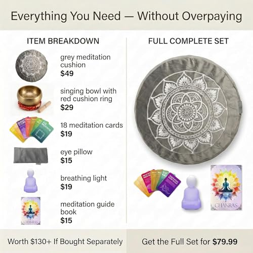Meditation Cushion Set with Buckwheat Zafu, Breathing Light, Singing Bowl, Eye Pillow & Affirmation Cards – Meditation Kit for Beginners, Mindfulness Gift Set for Stress Relief & Yoga