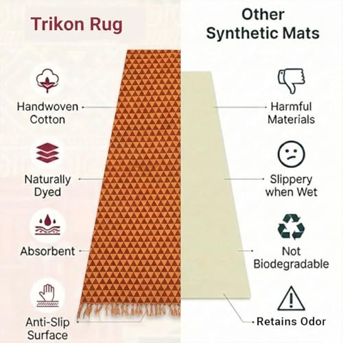 VINYASA Handwoven Cotton Yoga Rug Mat – Naturally Dyed | Absorbent, Washable Yoga Mat/Fitness Rug, Hatha, Pilates & Meditation - Non-Slip Grip | Extra Long & Wide | Trikon Series - color: Madder