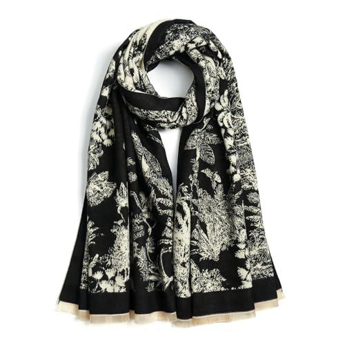 QIUTIMIY Pashmina Shawl Wraps for Womens Winter Scarf Reversible Pattern Designer Ladies Shawls and Wraps for Evening Dresses - color: Flower1-black